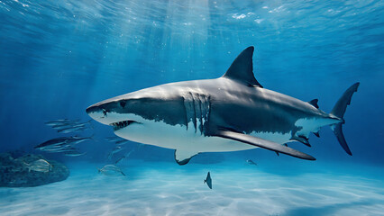 Fototapeta premium Magnificent great white shark swimming gracefully through crystal clear blue ocean waters with sunlight rays