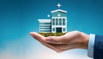 hand holding hospital building representing healthcare system