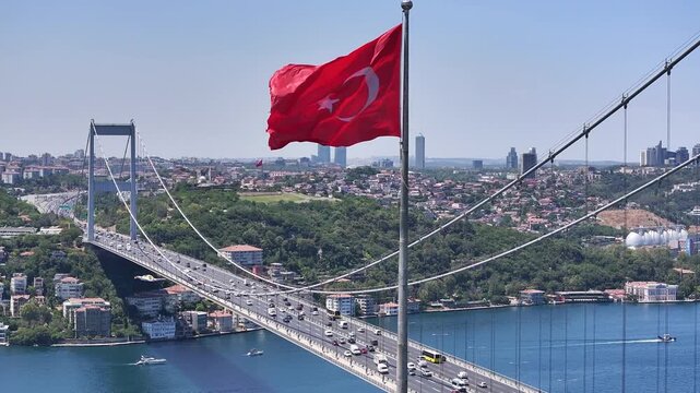 Turkish Flag in the Fatih Sultan Mehmet Bridge Drone Video, Otagtepe Kavacik, Beykoz Istanbul, Turkiye (Turkey)
