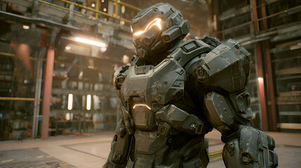 Futuristic soldier wearing powered armor standing in industrial hangar