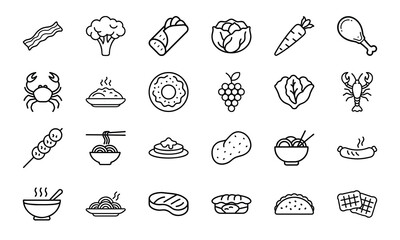 Line Art Food Icon Bundle – Bacon, Broccoli, Tacos, Cabbage, Carrot, Drumstick, Seafood, Fruits, Asian Noodles, Pancakes, Donuts, Lettuce, and Snack Outline Collection

