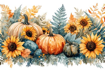 Autumn still life with pumpkins and flowers for fall harvest celebration