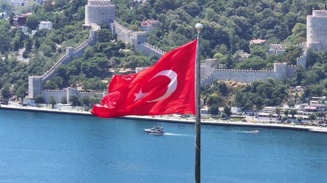 Turkish Flag in the Fatih Sultan Mehmet Bridge Drone Video, Otagtepe Kavacik, Beykoz Istanbul, Turkiye (Turkey)