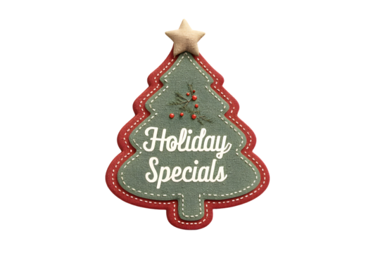 Green pine tree-shaped label with red stitched border and “Holiday Specials” in playful font, topped with a gold star, isolated on a white background, in a simple style, with a transparent PNG
