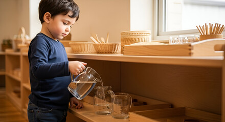 Young Boy Pouring Water During Montessori Practical Life Activity in Bright Classroom with Wooden Materials