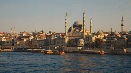 Naklejka premium Historic istanbul waterfront showcasing beautiful ottoman architecture with blue mosque minarets during golden sunset hour 