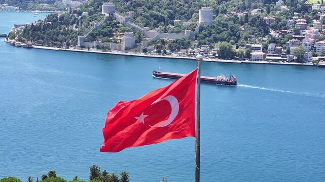 Turkish Flag in the Fatih Sultan Mehmet Bridge Drone Video, Otagtepe Kavacik, Beykoz Istanbul, Turkiye (Turkey)