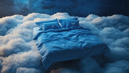 A bed floating amidst clouds at night