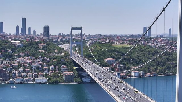 Turkish Flag in the Fatih Sultan Mehmet Bridge Drone Video, Otagtepe Kavacik, Beykoz Istanbul, Turkiye (Turkey)