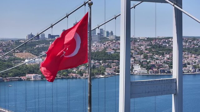 Turkish Flag in the Fatih Sultan Mehmet Bridge Drone Video, Otagtepe Kavacik, Beykoz Istanbul, Turkiye (Turkey)