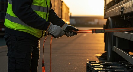 Worker securing cargo strap on truck