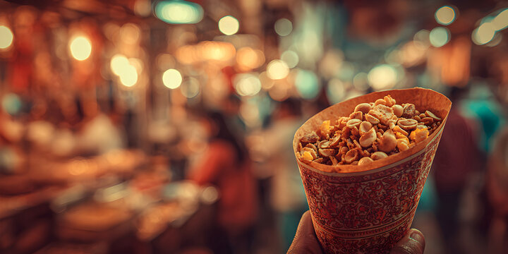 Hand holding paper cone filled with mixed nuts and snacks