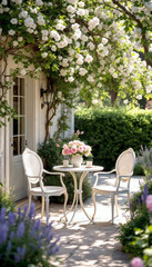 Fototapeta premium Quaint French-style white chairs and table in a tranquil villa garden nook with blooming flowers.