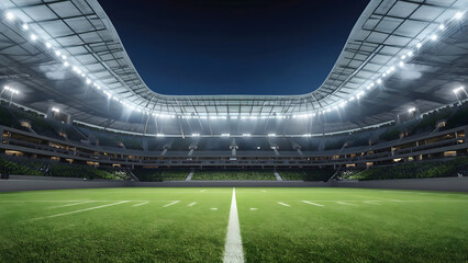 Modern football stadium interior showcasing perfectly manicured green field with bright floodlights illuminating empty stands during evening hours spectacular view