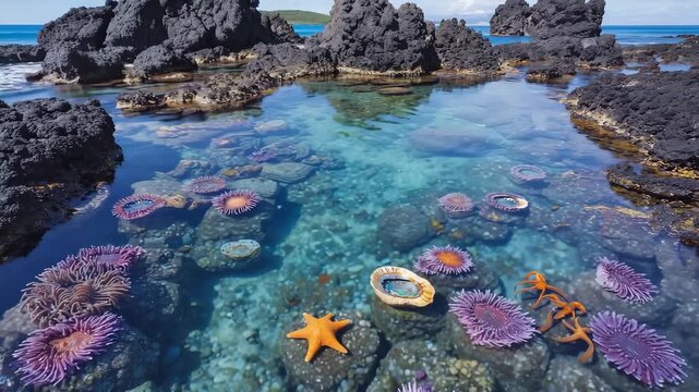 A vibrant tide pool ecosystem with colorful sea anemones and starfish nestled among volcanic coastal rocks.
