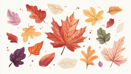Obraz premium Autumn leaves in various shades of red, orange, yellow, and purple, scattered on a white background with small specks of color