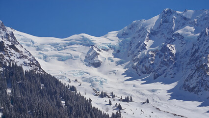 Naklejka premium Snow covered mountain forest with evergreen trees and misty clouds illuminated by golden sunrise light through valley
