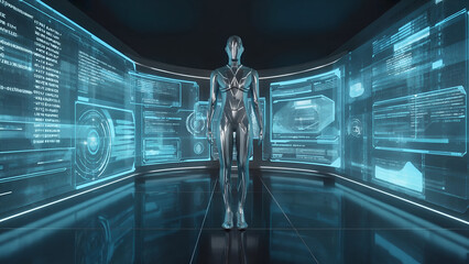 Futuristic humanoid figure standing in advanced technological control room surrounded by glowing holographic displays and digital interface screens everywhere