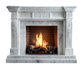 Cozy fireplace with flickering flames elegant living room interior design warm ambiance view isolated on transparent background