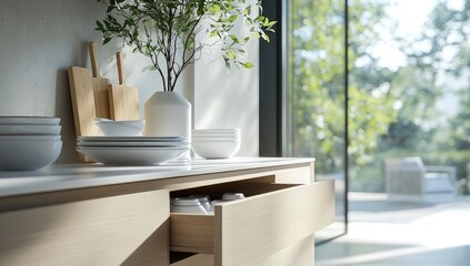 Light-filled modern kitchen with open drawers.  Wooden cabinets, white dishes, and a plant
