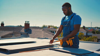 Skilled worker repairs rooftop under daylight, wearing protective safety gear and carrying tools while ensuring structural integrity.

