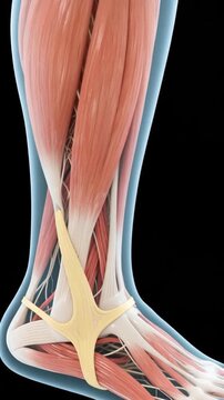 Detailed 3D animation showcasing the complex musculature and tendon structures of the human lower leg and ankle joint with a slow zoom