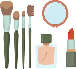 Makeup Essentials Brushes, Mirror, Perfume, and Lipstick