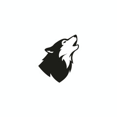 Obraz premium A black and white graphic illustration of a wolf's head howling, facing right, with a simple, stylized design against a white background.