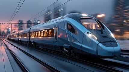 Fototapeta premium High Speed Modern Bullet Train Moving Through City at Dusk
