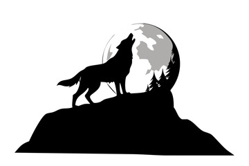 Howling wolf silhouette vector art graphic design with moon and trees scene art