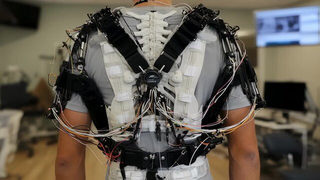 Closeup view of a spinalinjury survivor using a stateoftheart rehabilitation exoskeleton in a clinical setting. The device engages neuroplastic pathways showcasing the integration of