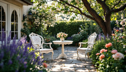 Obraz premium Quaint French-style white chairs and table in a tranquil villa garden nook with blooming flowers.