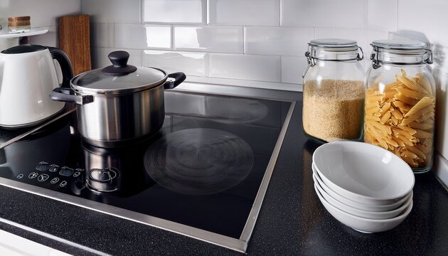modern minimalist kitchen with clean black countertop electric stove cooking pots with lids glass storage jars filled with pasta and salt white electric kettle and ceramic cup - Powered by Adobe