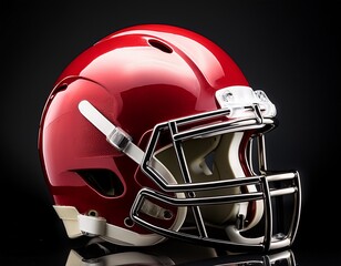 Fototapeta premium a detailed close up of a shiny red football helmet with a white stripe on a black background