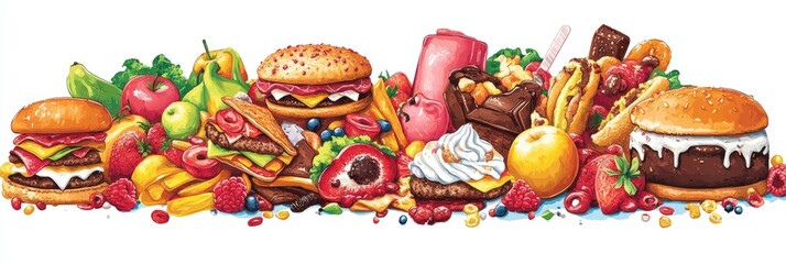 Fototapeta premium Colorful array of food items, featuring burgers, fruits, desserts, and fries