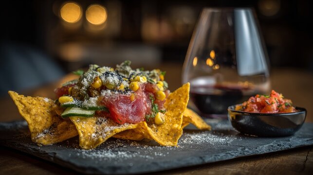 Kuto nachos topped with fresh tuna tataki, homemade crispy chips, corn salsa, cucumber with cumin, cilantro, marinated chili, parmesan cheese, and creamy mayonnaise.