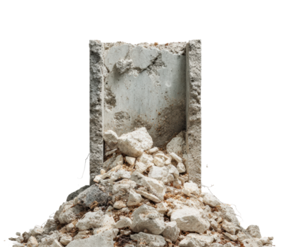 Debris piling up around broken concrete doorway urban environment still life isolated on transparent background