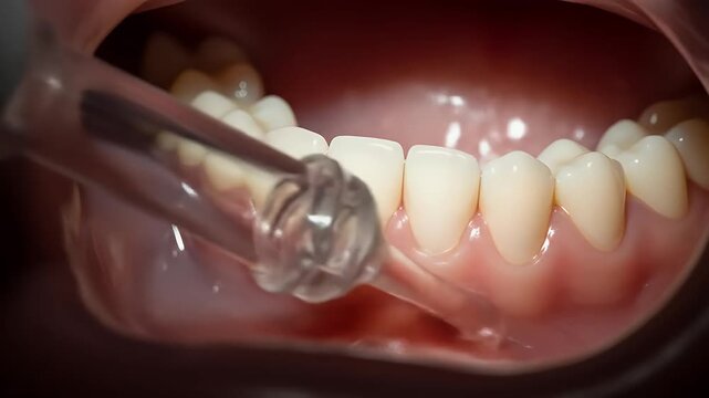 Saliva ejector suctioning fluid from inside mouth for dental treatment visuals
