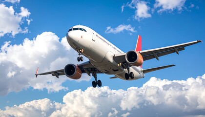 Obraz premium Commercial airplane approaching with landing gear down against cloudy blue sky