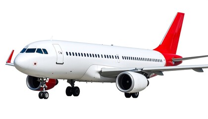 Obraz premium Commercial airplane isolated on white background, showcasing its sleek design and features for