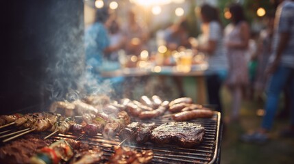 Family enjoying camping dinner party at night with close-up of sizzling grilled food on barbecue, happy people cooking meat and vegetables outdoors under dark sky with warm glowing fire light