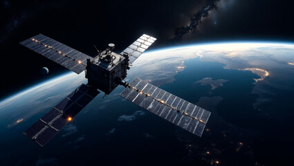 High-resolution futuristic satellite orbiting Earth with visible city lights, blue atmosphere, and distant Milky Way galaxy in the background, ideal for space, science, and technology concepts


