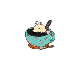 cute kawaii bunny character relaxing in a hot chocolate mug vector illustration