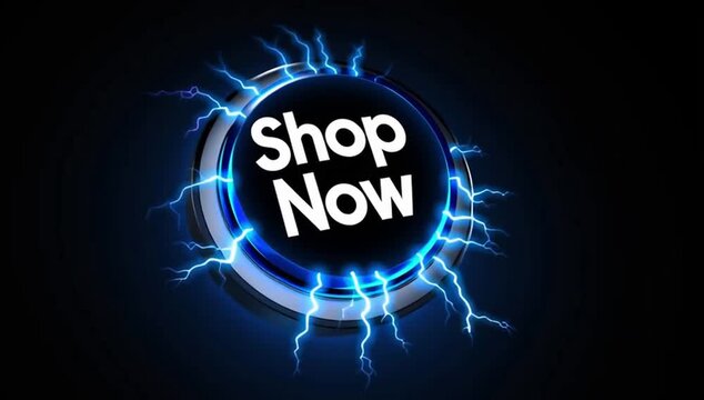 Button for online shopping illuminated with electric blue lightning, inviting action and engagement