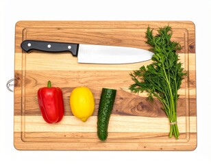Flatley of Culinary Prep Board with Knife Herbs and Vegetables isolated