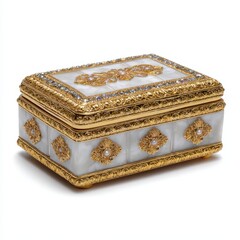 Ornate golden jeweled trinket box isolated on white background