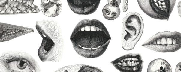 Collection of detailed grayscale anatomical drawings of facial features