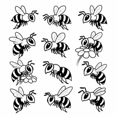 Bee icons set, black and white, various poses