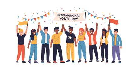 Diverse young people celebrating International Youth Day, unity and global community