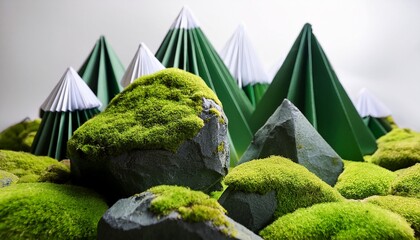 moss rocks and paper mountains rocks adorned with vibrant green moss contrast against sculpted paper mountains creating a serene and whimsical miniature landscape
